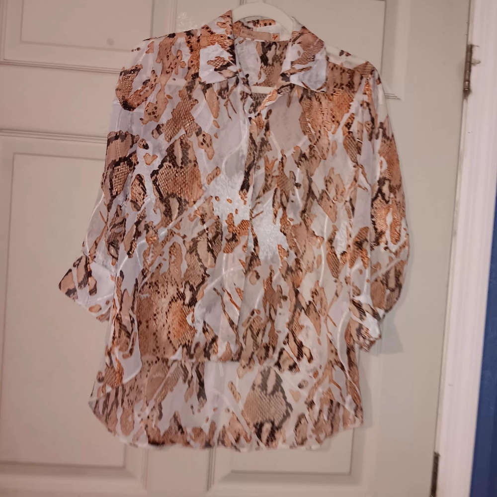 Mari Sheer Snake-Print Button-Down Blouse in Earth Tones Sz L